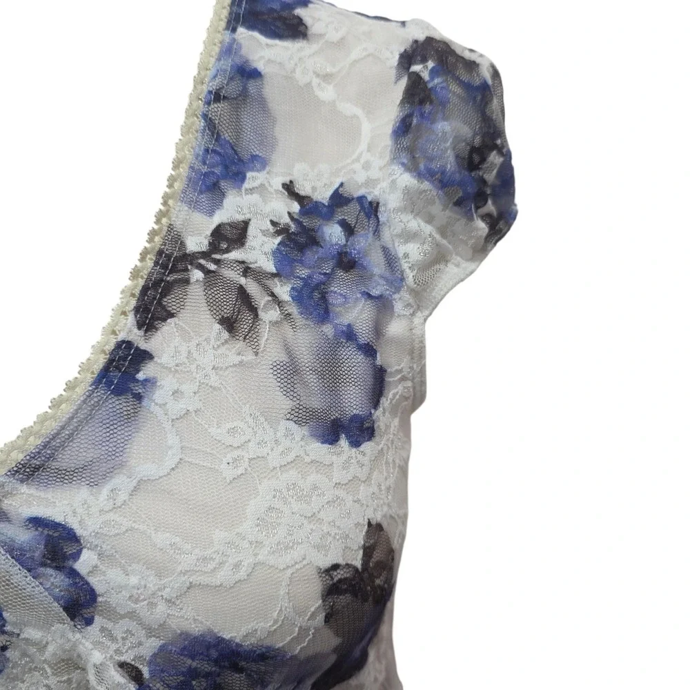 Floral Lace Mesh Peplum Top Blue White Sheer Cap Sleeve Y2K Coquette M Medium